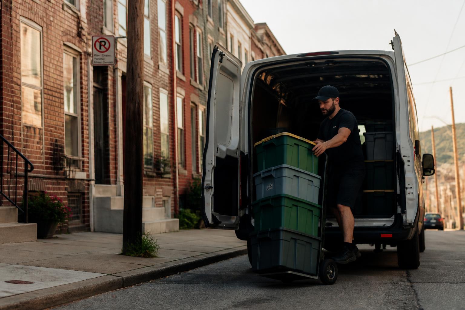 Stackhouse Totes driver unloading stacked moving totes from a van on a Pittsburgh street