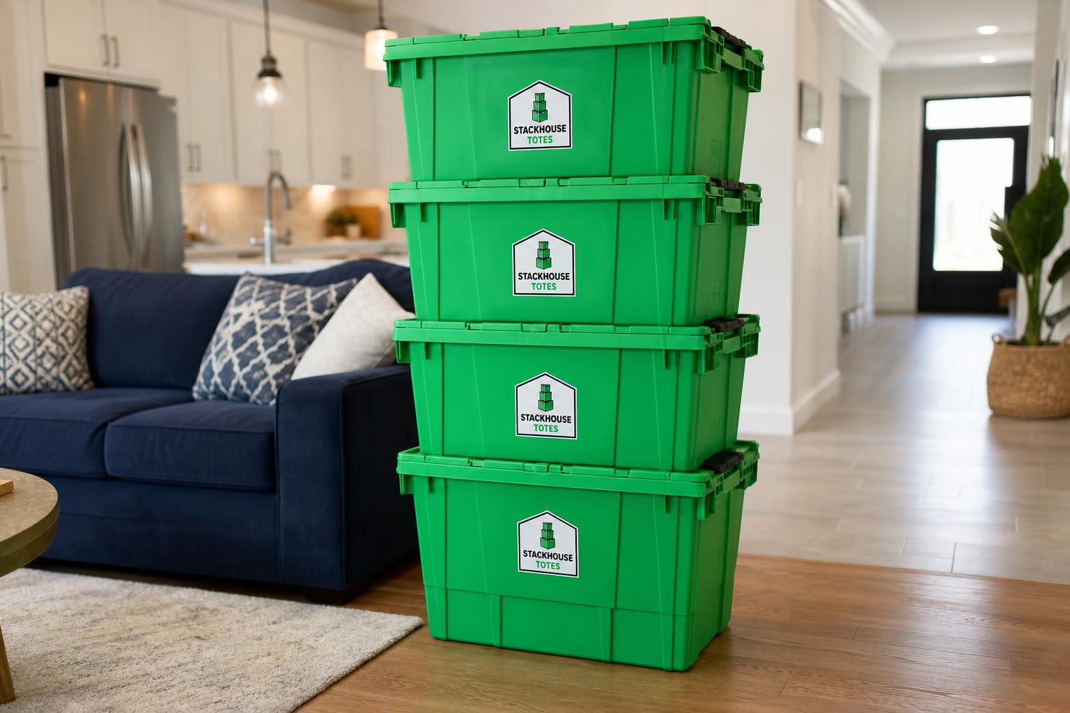 Stack of heavy-duty attached-lid moving totes in green and black inside a bright living room
